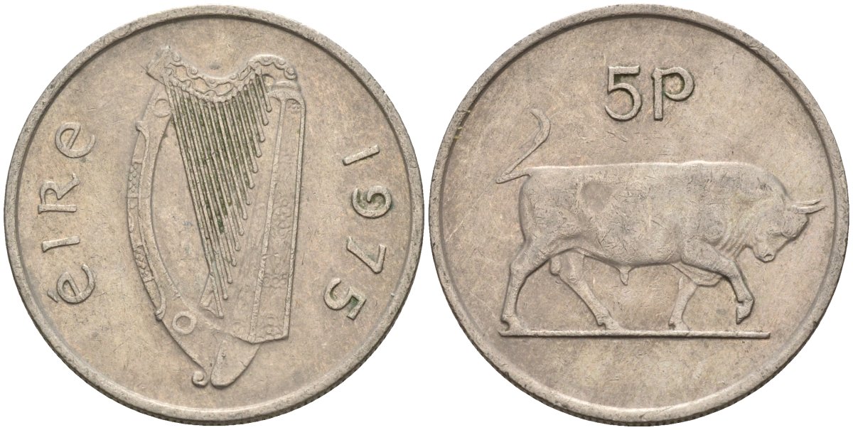 Ирландия 5 пенсов 1975 бык KM 22 медно-никель 4146-526