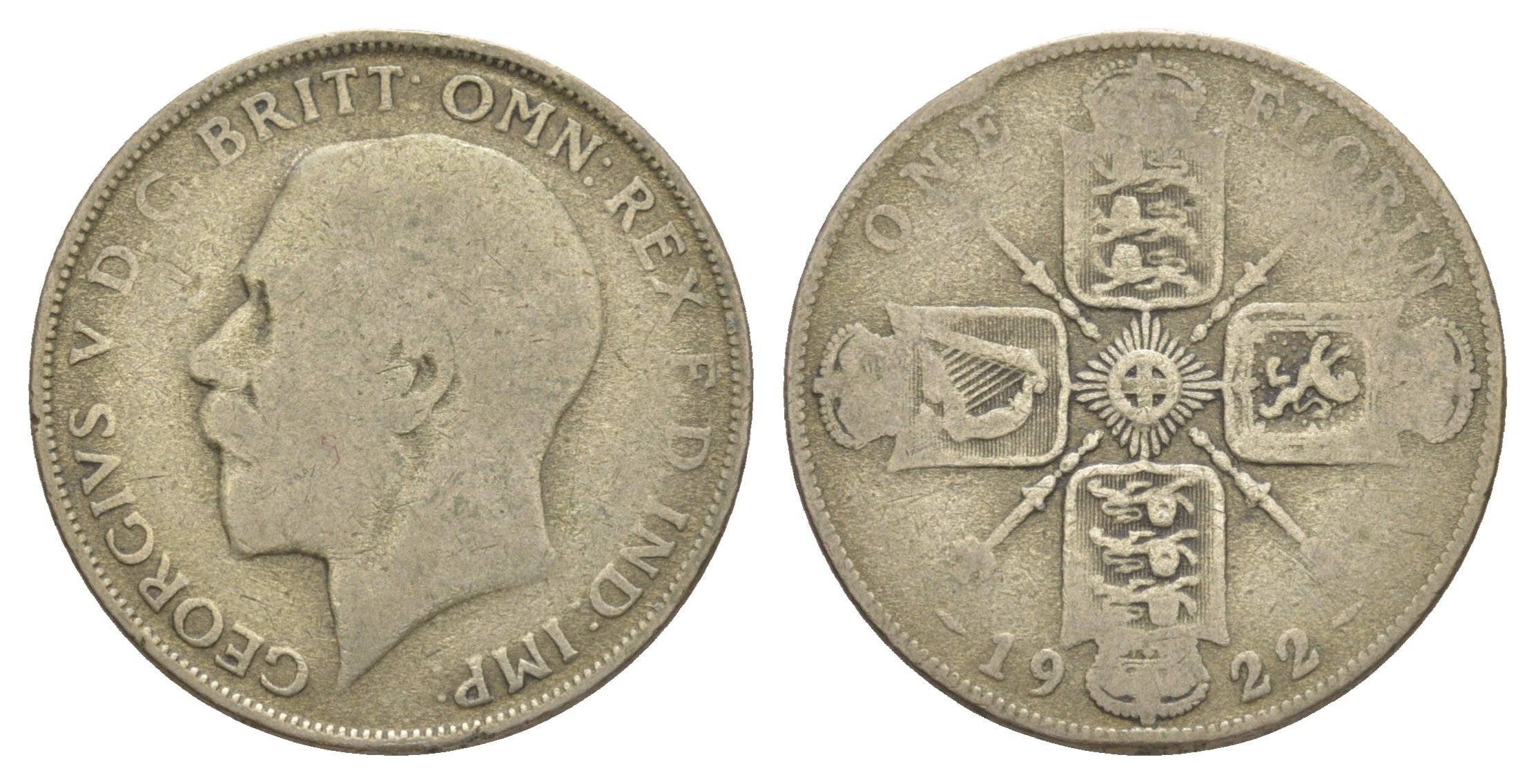 Великобритания 2 шиллинга (флорин) 1922 Георг V (1910-1936) KM 817a, Spink 4022 серебро 4607-426