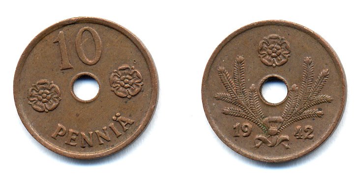 ФИНЛЯНДИЯ 10 ПЕННИ 1942 KM 33.1 медь 51-4963