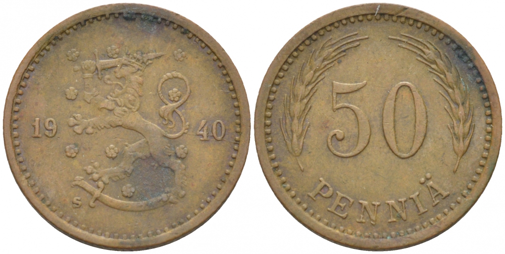 ФИНЛЯНДИЯ 50 ПЕННИ 1940 S KM 26а медь 3309-732
