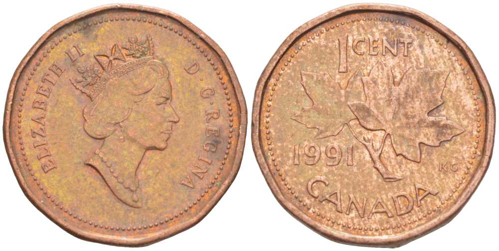 Канада 1 цент 1991 Елизавета II (1952-2022), кленовый лист KM 181 бронза 71-1156