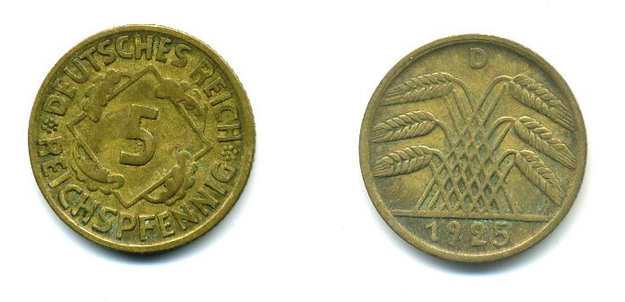 ГЕРМАНИЯ 5 РЕЙХСПФЕННИГОВ 1925 D, KM 39, J. 316 алюминиевая бронза 46-2312