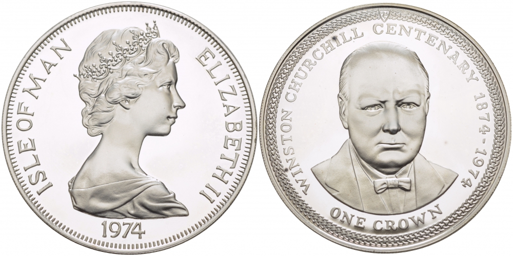Остров Мэн 1 крона 1974 100 лет со дня рождения Уинстона Черчилля КМ 30a серебро PROOF 1081-4-13