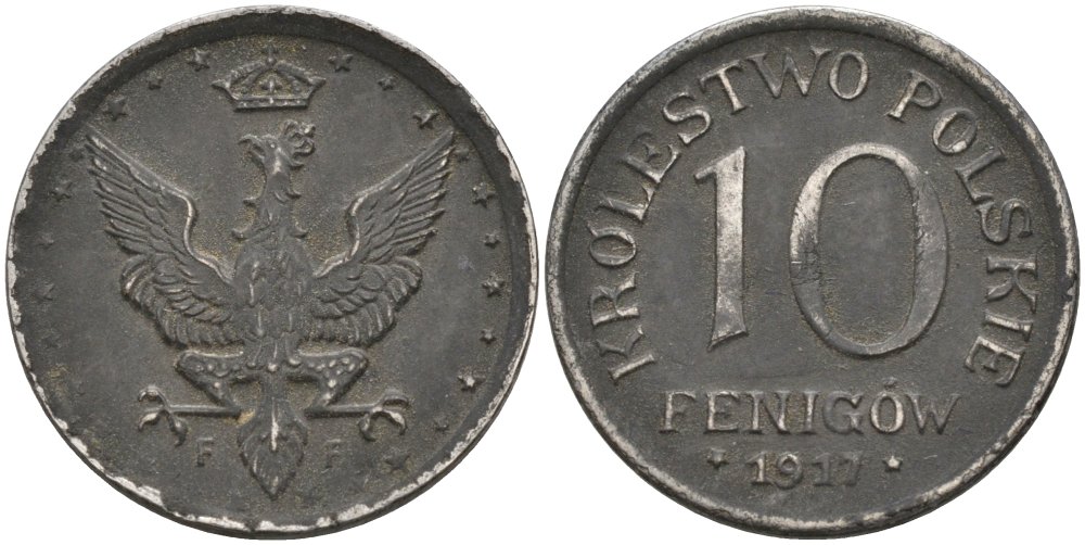 Польша 10 фенигов 1917 FF KM 6 железо 4575-327