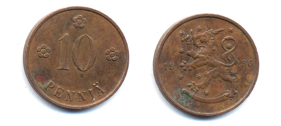 Финляндия 10 пенни 1936 республика (1918-1962) KM 24 медь 51-5515