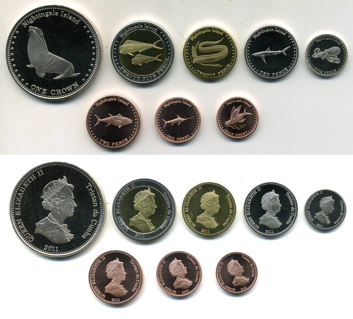 Тристан-да-Кунья набор из 8 монет 2011 1/2, 1, 2, 5, 10, 20, 25 пенсов и 1 крона, морской мир UNC 00-00