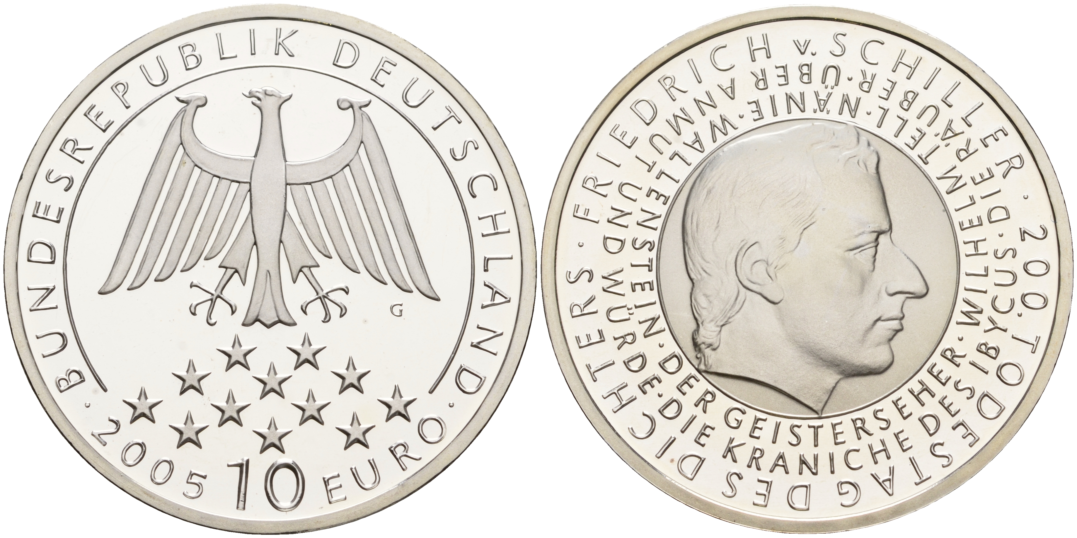ФРГ 10 евро 2005 G, 200 лет со дня смерти Фридриха фон Шиллера KM 239, DE.S. 10.20 серебро PROOF 1076-3-54