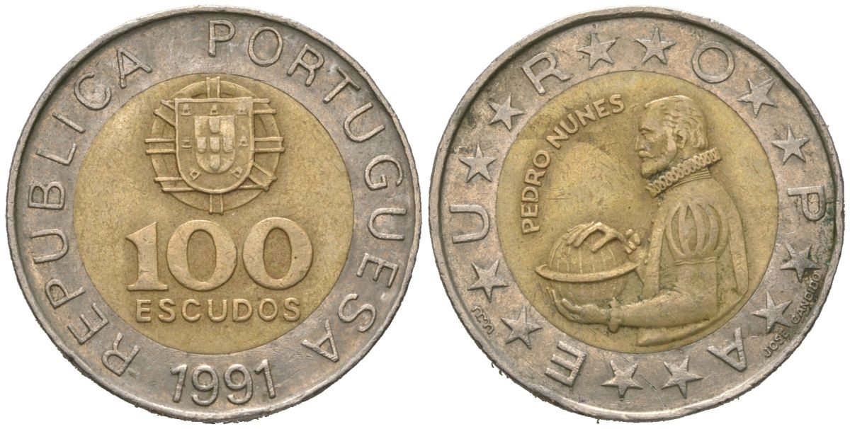 Португалия 100 эскудо 1991 Педру Нуниш (1502-1578), математик KM 645 биметалл 4620-445