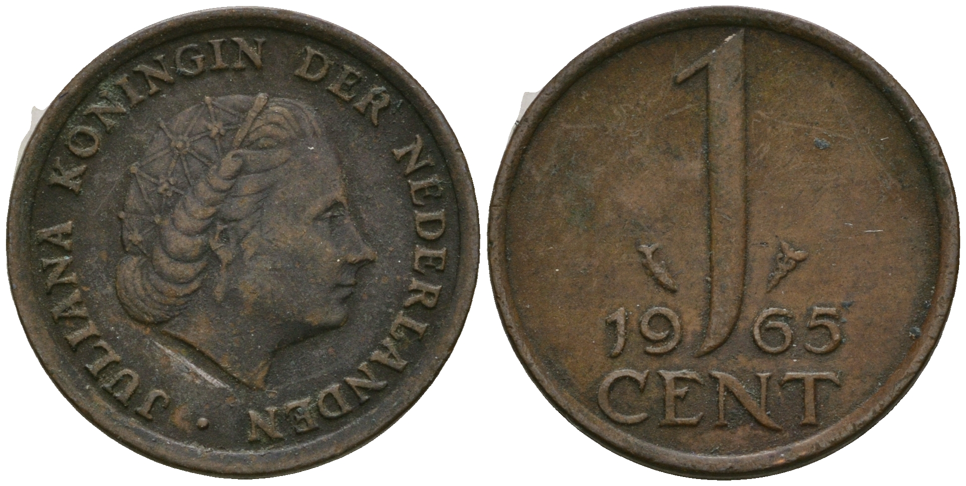 Нидерланды 1 цент 1965 Юлиана (1948-1980) КМ 180 бронза 4608-1127