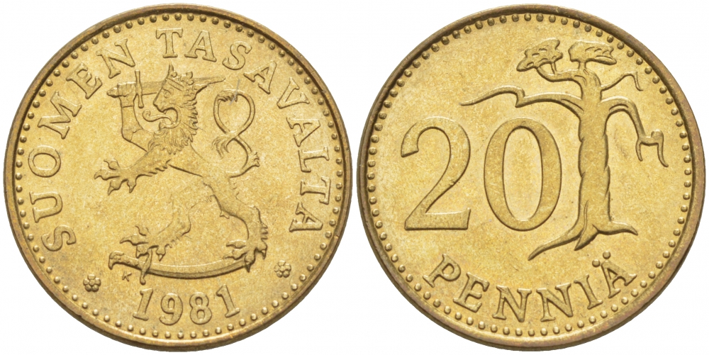 ФИНЛЯНДИЯ 20 ПЕННИ 1981 K KM 47 алюминиевая бронза UNC 3718-513