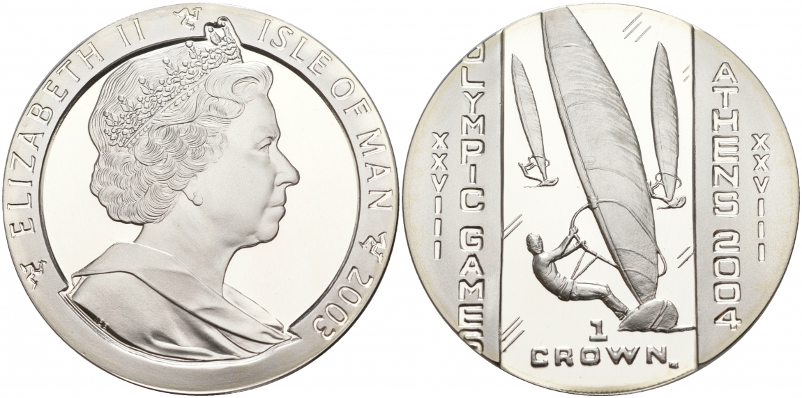 Остров Мэн 1 крона 2003 XXVIII Олимпийские игры в Афинах, виндсерфинг KM 1182a серебро PROOF 11-015-34