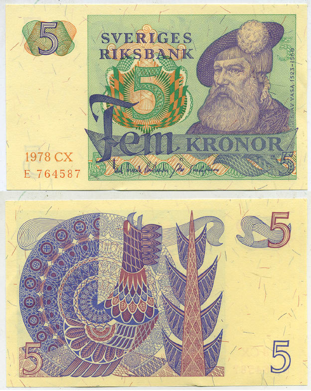 Швеция 5 крон 1978 CX, Густав I Ваза Pick 51d бумага aUNC 444-117-1