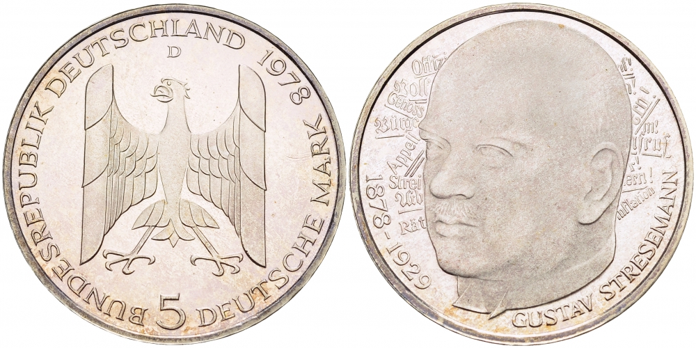 ФРГ 5 марок 1978 D, 200 лет со дня рождения Густава Штреземана J. 422, KM 147 серебро PROOF 1087-2-74