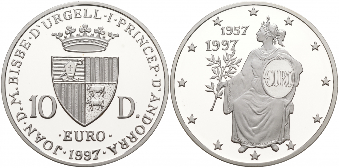 Андорра 10 динеров 1997 40 лет Римскому договору KM 130 серебро PROOF 11-039-21
