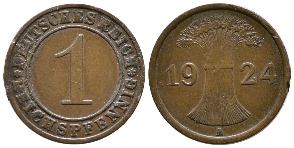 ГЕРМАНИЯ 1 РЕЙХСПФЕННИГ 1924 А KM 37, J.313 бронза 4380-1052