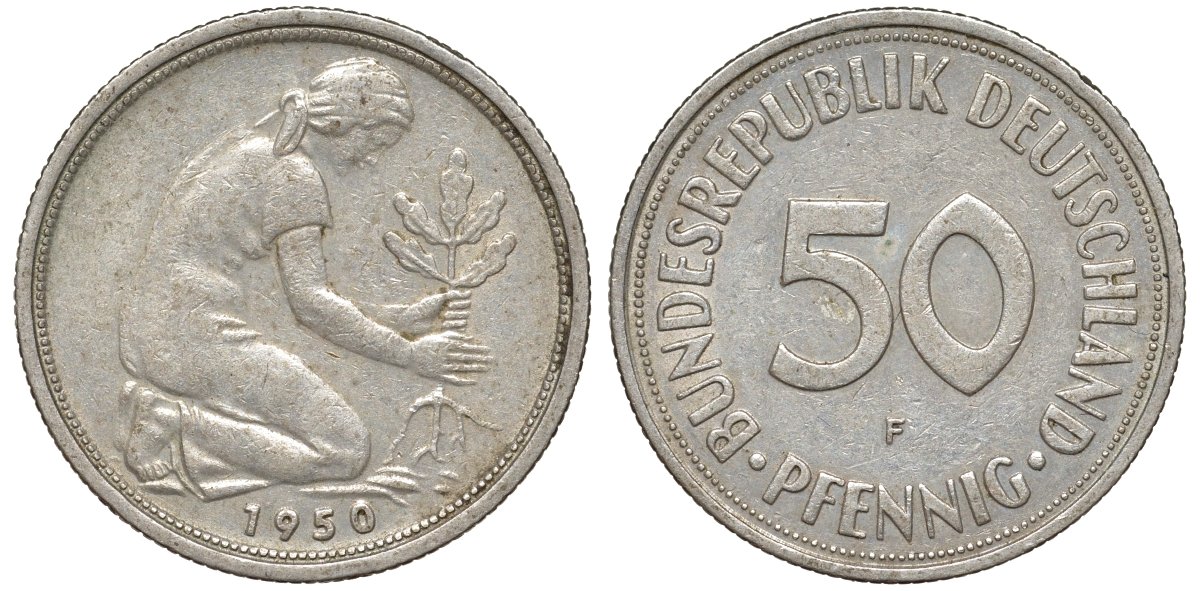 ФРГ 50 пфеннигов 1950 F KM 109, J. 384 медно-никель 4132-636