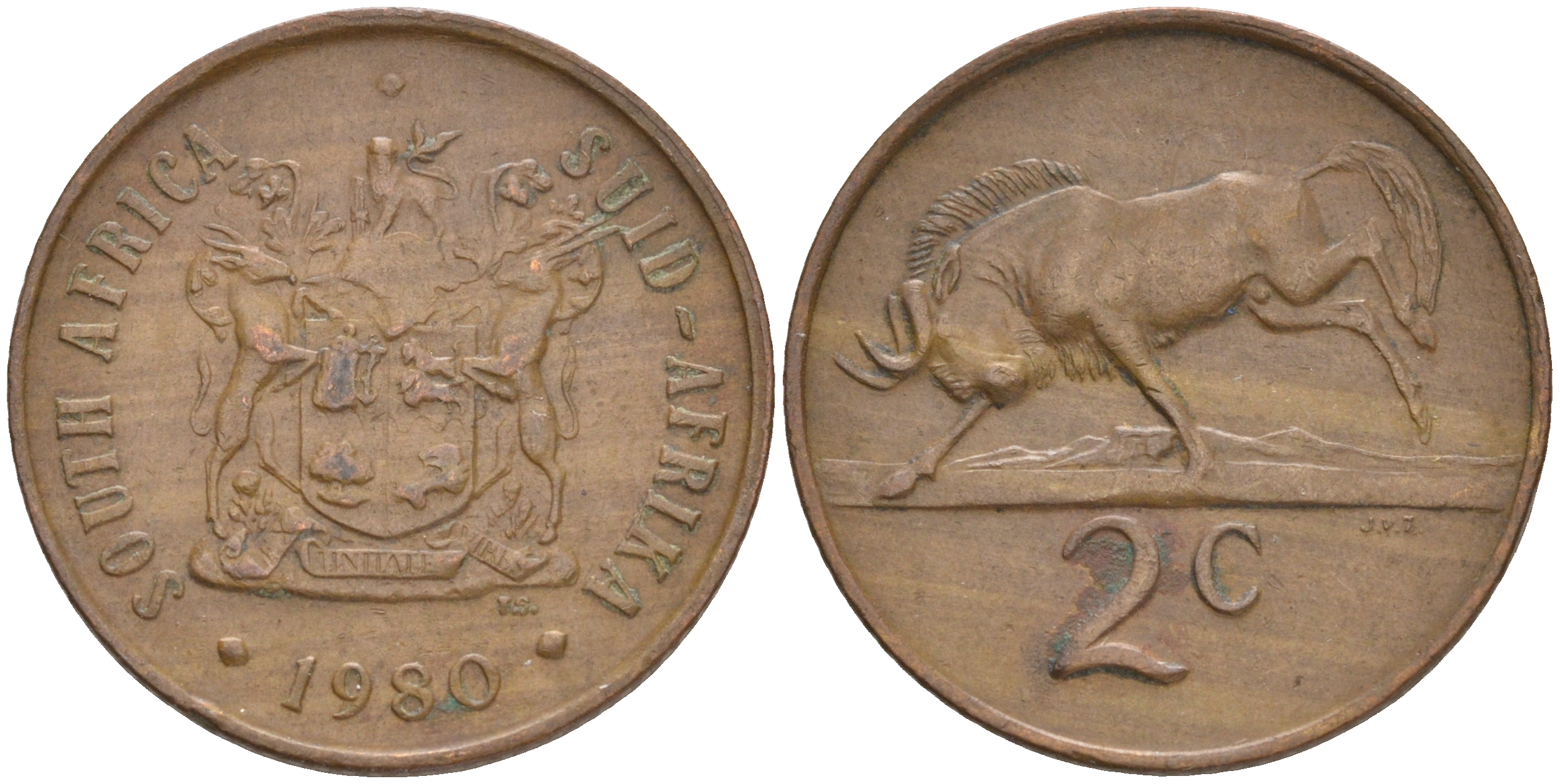 ЮАР 2 цента 1980 герб, антилопа гну KM 83 бронза 4561-723