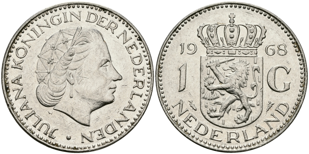 Нидерланды 1 гульден 1968 Юлиана (1948-1980) KM 184a никель 94-614