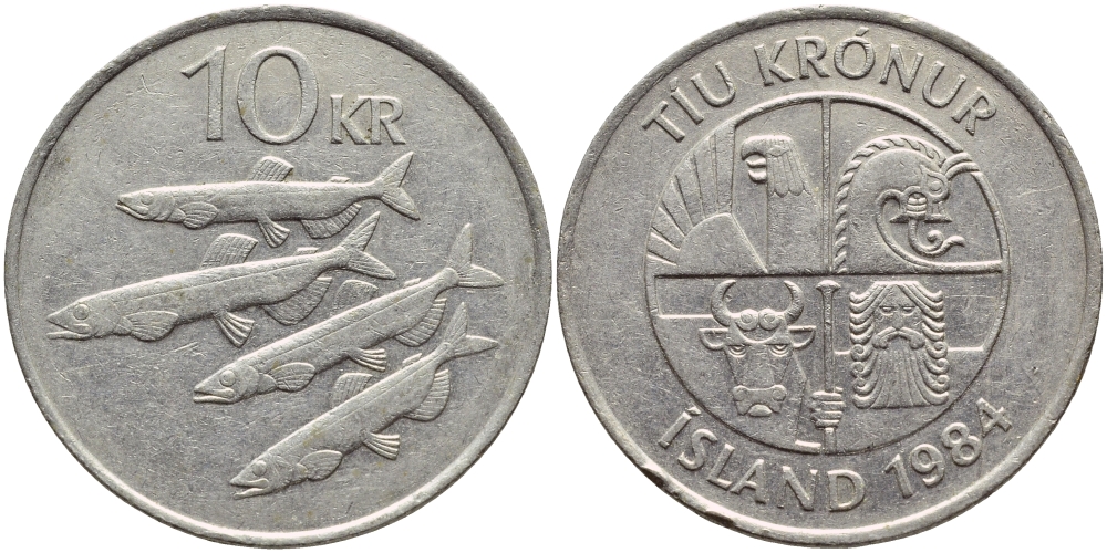 Исландия 10 крон 1984 РЫБЫ KM 29.1 медно-никель 3334-322