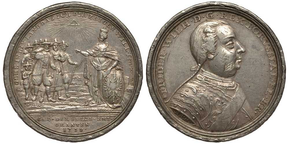 Пруссия медаль 1732 в память приглашения Фридрихом Вильгельмом I протестантов, изгнанных из Зальцбурга, диаметр 43,6 мм, вес 29,05 г Brockmann 554, Roll 13, Slg. Henckel 1361, Slg. Pniower 206 серебро 00-000-00