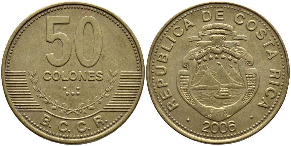 КОСТА-РИКА 50 КОЛОН 2006 B.C.C.R. KM 231.1b сталь плакированная латунью 63-452
