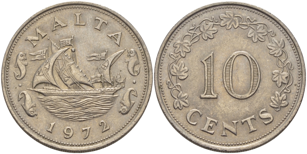 Мальта 10 центов 1972 баржа Великого магистра KM 11 медно-никель 82-616