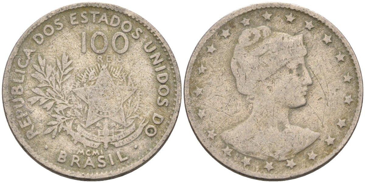Бразилия 100 рейс 1901 голова свободы вправо KM 503 медно-никель 4589-1031