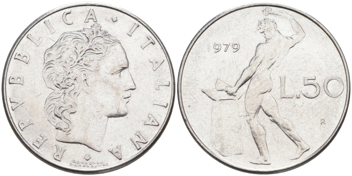 Италия 50 лир 1979 R, Бог огня Вулкан у наковальни KM 95.1 нержавеющая сталь 4525-1243