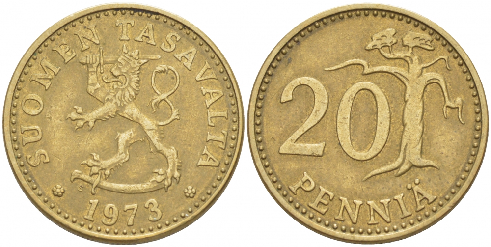 ФИНЛЯНДИЯ 20 ПЕННИ 1973 S KM 47 алюминиевая бронза 3718-1236