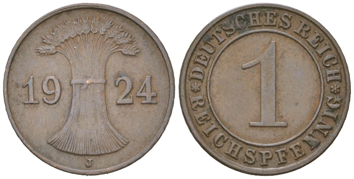Германия 1 рейхспфенниг 1924 J KM 37 бронза 4617-354