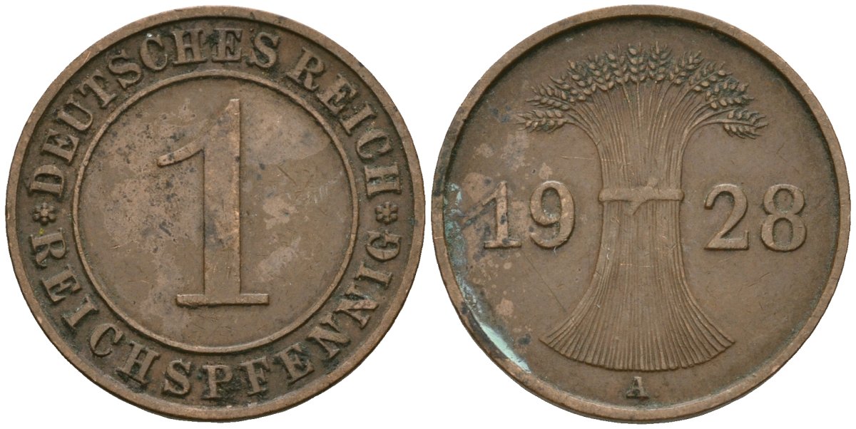 Германия 1 рейхспфенниг 1928 A KM 37, J. 313 бронза 4189-1123