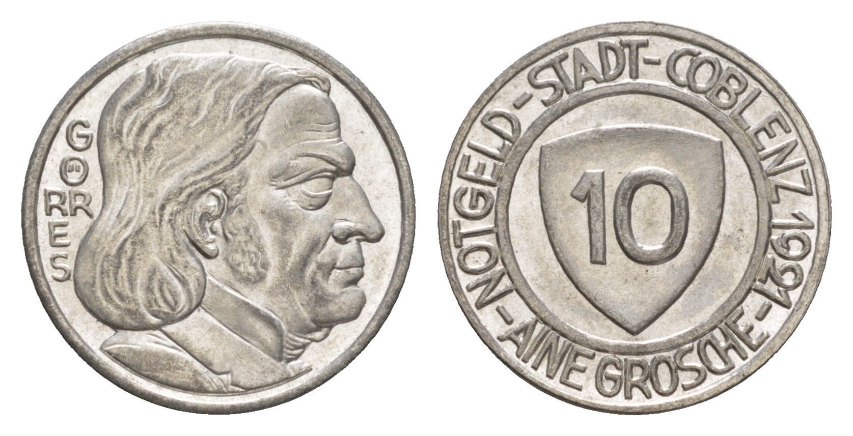 Кобленц 10 пфеннигов 1921 Funck 80.5, Men05 4526.11, Men18 5727.11 железо плакированная никелем UNC 54-269