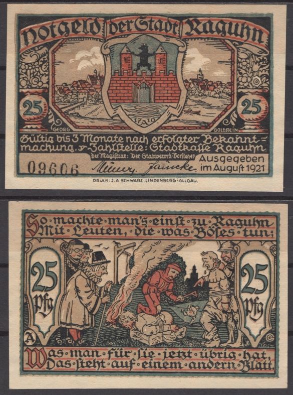 Рагун 25 пфеннигов ND (1921) DeNG 1 1094.1-2/12 бумага UNC (пресс) 8595-8-4-1