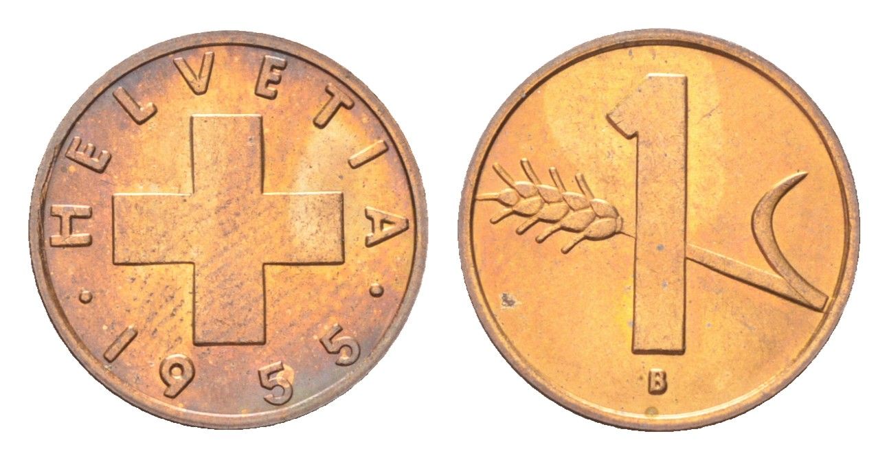 Швейцария 1 раппен 1955 B KM 46 бронза UNC 4705-1168
