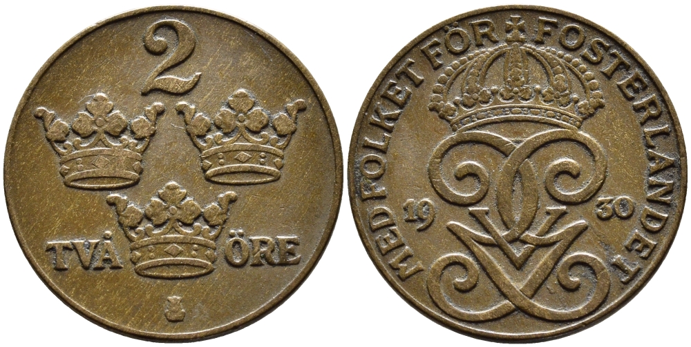 Швеция 2 эре 1930 Густав V (1907-1950) KM 778 бронза 4385-427