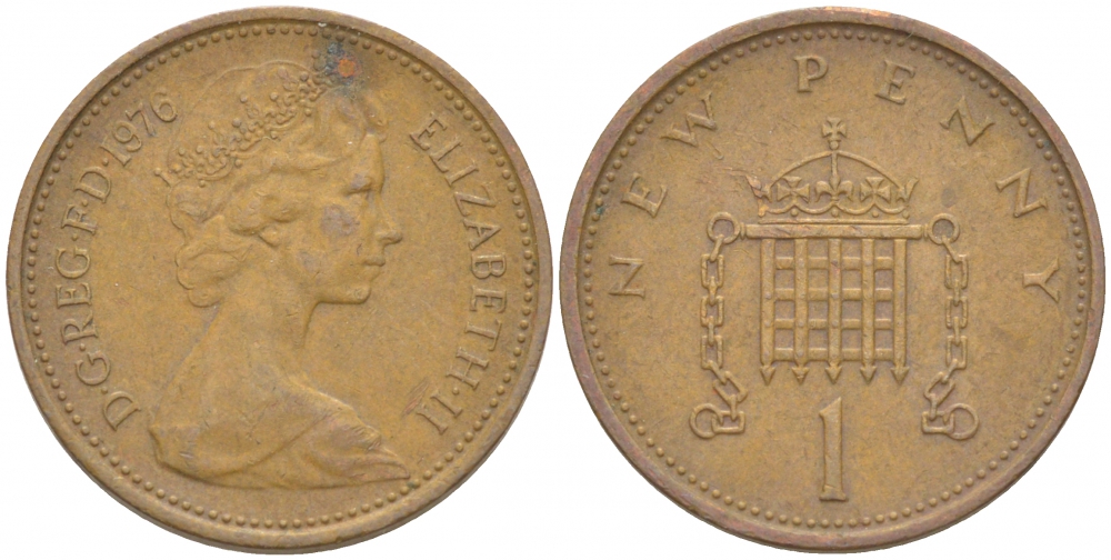 Великобритания 1 пенни 1976 Елизавета II (1952-2022) KM 915, Spink 4237 (B1) бронза 3851-1167