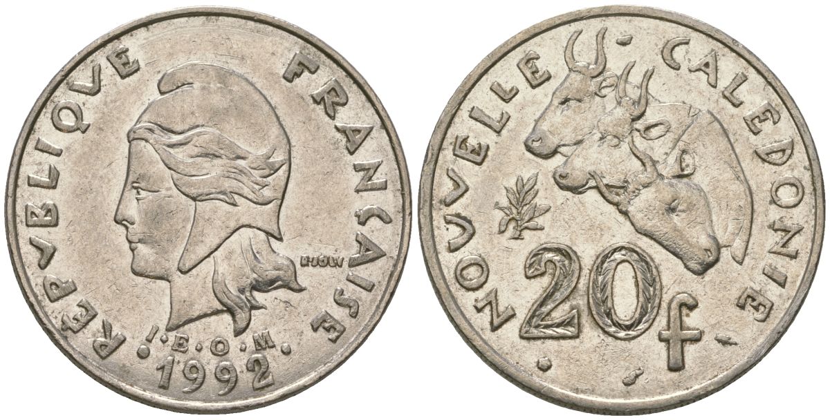Французская Новая Каледония 20 франков 1992 три быка, (IEOM) KM 12, Schoen 14, Lec 115 никель 4131-316