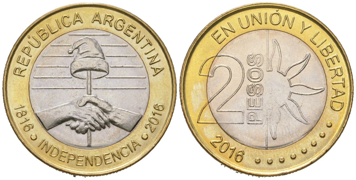 Аргентина 2 песо 2016 200 лет Независимости KM 184 биметалл UNC 4619-335