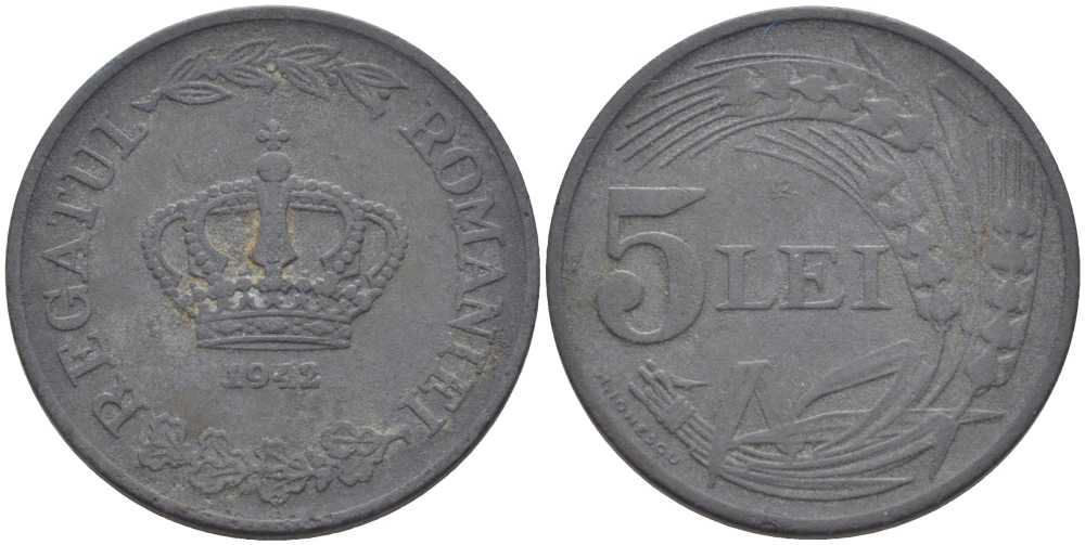 РУМЫНИЯ 5 ЛЕЙ 1942 МИХАЙ I (1940-1947), ВТОРАЯ МИРОВАЯ ВОЙНА KM 61 цинк 94-543