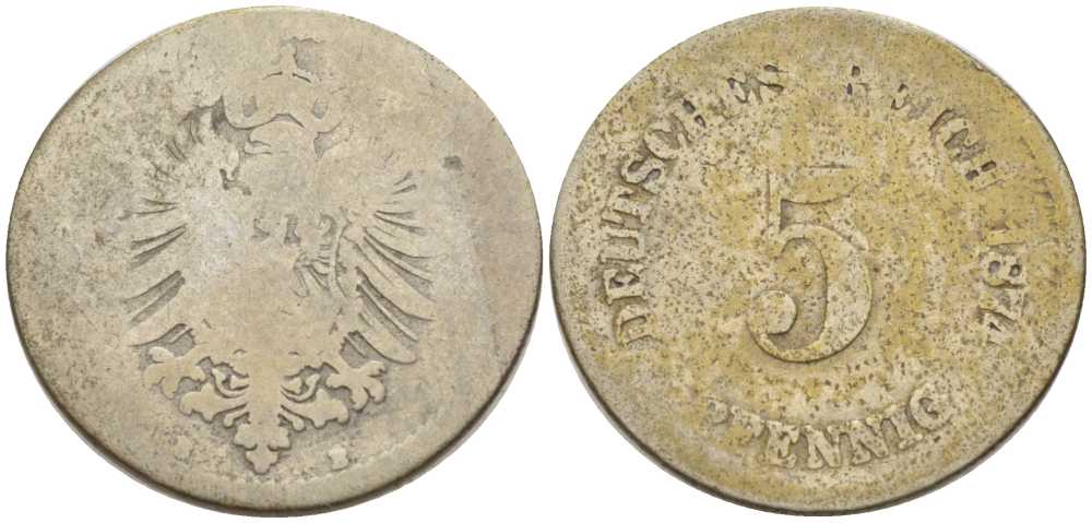 ГЕРМАНИЯ 5 ПФЕННИГОВ 1874 B, СТАРОГЕРБОВКА KM 3, J. 3, Weege 5 медно-никель 206-1054