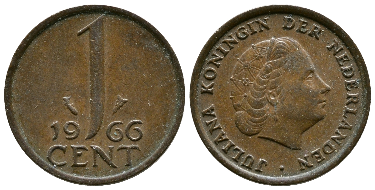 НИДЕРЛАНДЫ 1 ЦЕНТ 1966 ЮЛИАНА KM 180 бронза 75-912