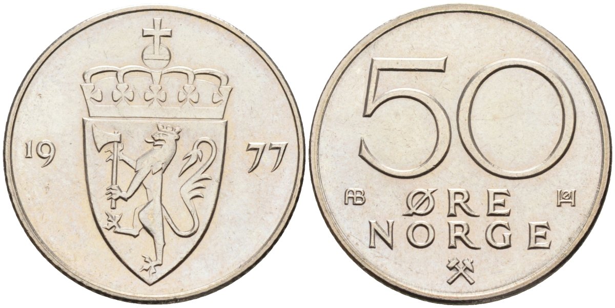 Норвегия 50 эре 1977 Улаф V (1957-1991) KM 418 медно-никель UNC 4582-731