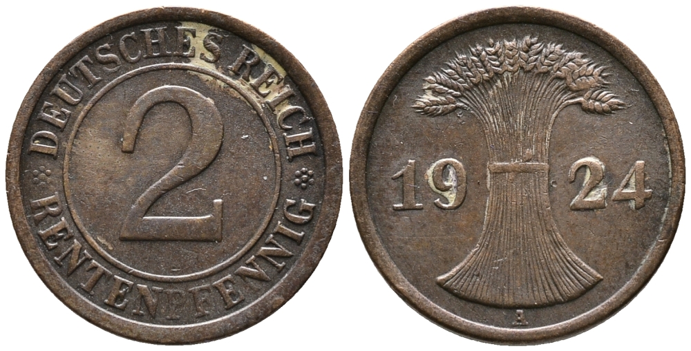 ГЕРМАНИЯ 2 РЕНТЕНПФЕННИГА 1924 A KM 31, J. 307 бронза 24-556