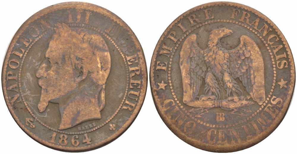 ФРАНЦИЯ 5 САНТИМОВ 1864 BB, НАПОЛЕОН III (1852-1870) KM 797.2, LE FRANC 117.12 бронза 108-551