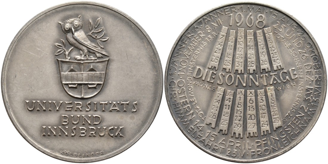 Австрия медаль 1968 серия университет Инсбрука, открытия 1968 года, медальер Kolblinger, диаметр 40 мм., серебрение бронза 4552-311