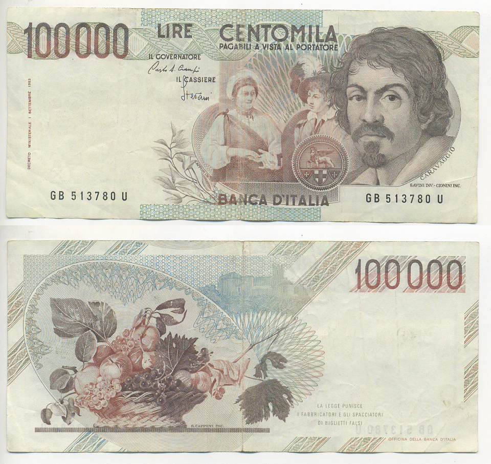 Италия 100000 лир 1983 Караваджо, фруктовый букет, подпись Speziali Pick 110b бумага 7220-32-3
