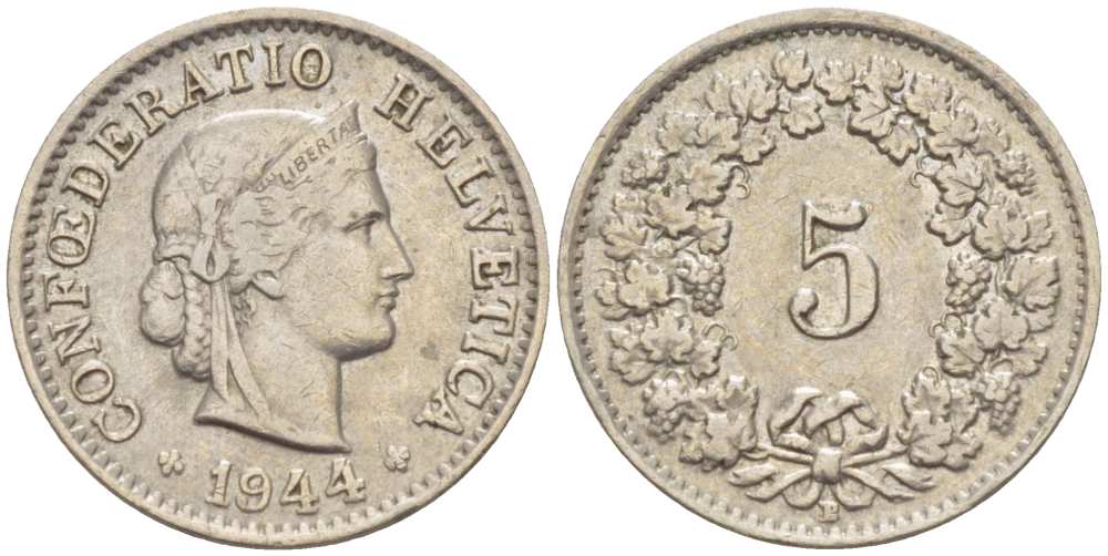 Швейцария 5 раппенов 1944 В KM 26 медно-никель 211-1269