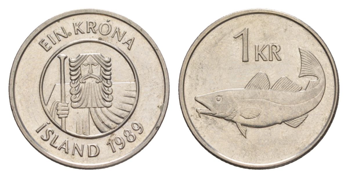 Исландия 1 крона 1989 треска KM 27a сталь плакированная никелем UNC 4633-1256