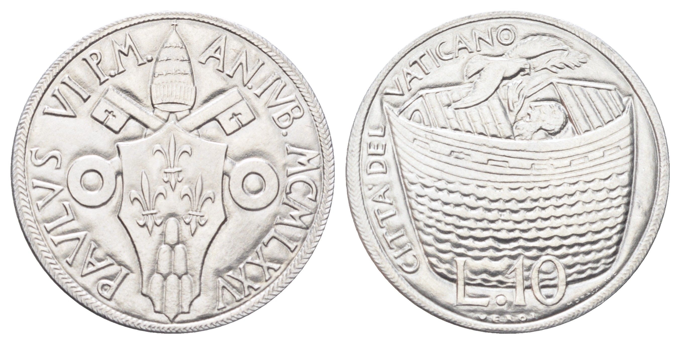 Ватикан 10 лир 1975 MCMLXXV, Священный год, Павел Vi, год-тип KM 127 алюминий UNC 4700-653