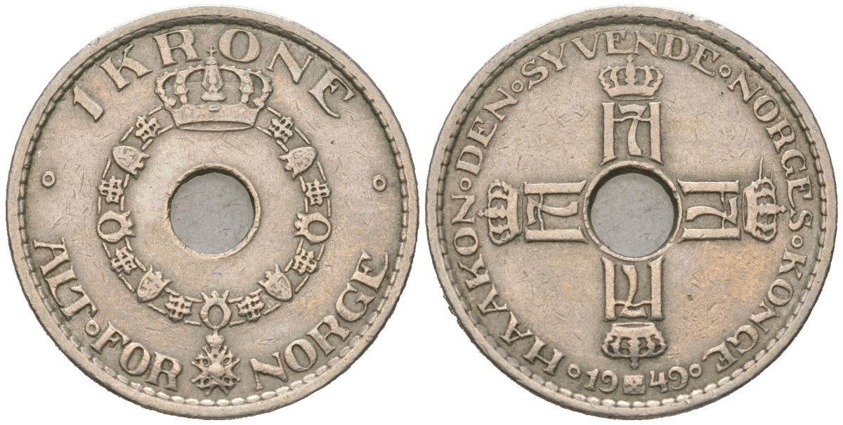 Норвегия 1 крона 1949 KM 385 медно-никель 4616-827